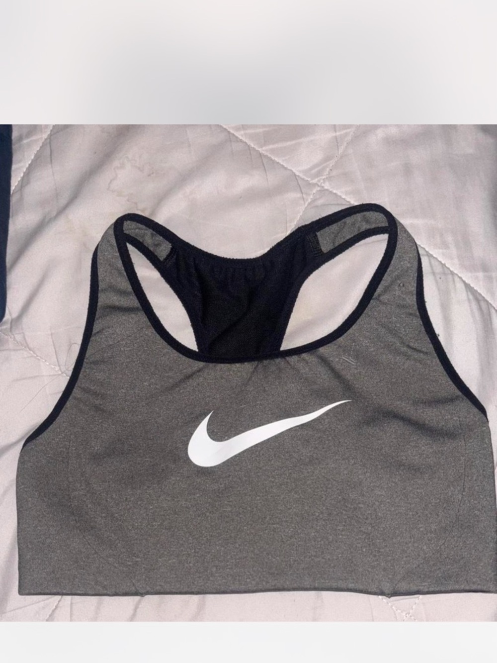 Nike Grey and Black Racerback Sports Bra with White Swoosh